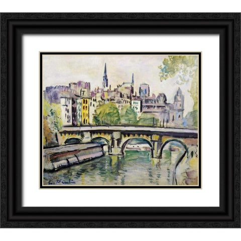 Le Pont Neuf, Paris Black Ornate Wood Framed Art Print with Double Matting by Hunter, George Leslie