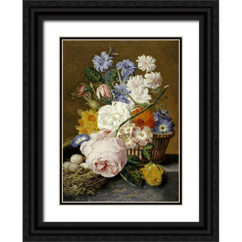 Roses, Morning Glory, Narcissi Black Ornate Wood Framed Art Print with Double Matting by Van Huysum, Jan
