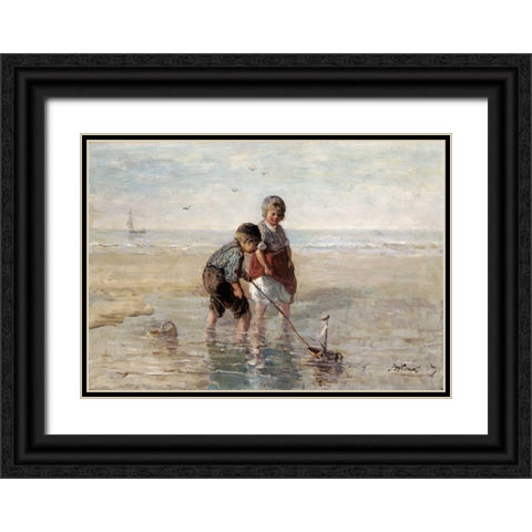 Children Playing By The Seaside Black Ornate Wood Framed Art Print with Double Matting by Israels, Jozef