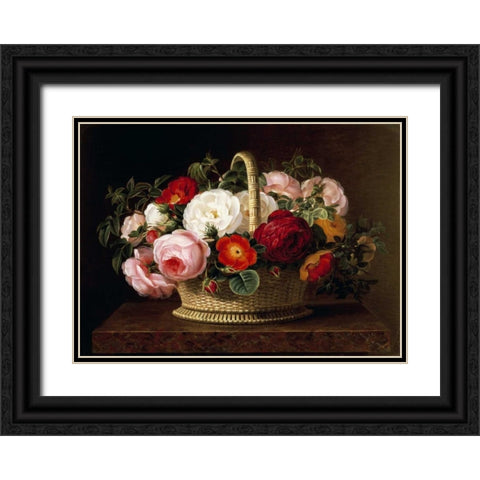 Roses In a Basket On a Ledge Black Ornate Wood Framed Art Print with Double Matting by Jensen, Johan Laurents