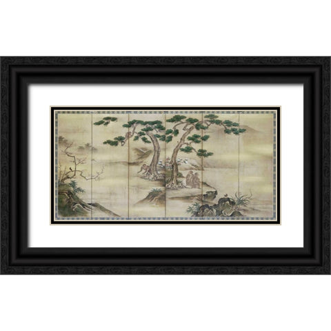 Birds, Flowers and Monkeys Six-Panel Screen Black Ornate Wood Framed Art Print with Double Matting by Kano School
