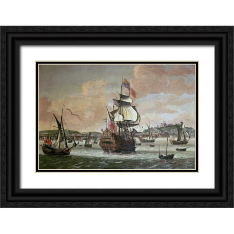 Charles II On Board a Two Decker Man-O-War Black Ornate Wood Framed Art Print with Double Matting by Knijff, Jacob Knyff