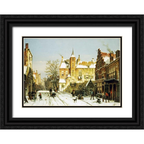 A Dutch Village In Winter Black Ornate Wood Framed Art Print with Double Matting by Koekkoek, Willem
