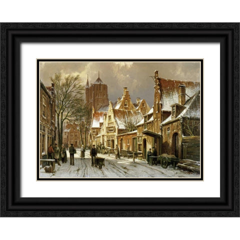 A Winter Street Scene Black Ornate Wood Framed Art Print with Double Matting by Koekkoek, Willem