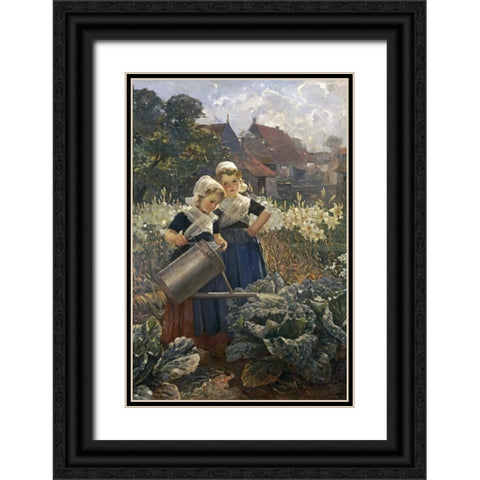 The Little Gardeners Black Ornate Wood Framed Art Print with Double Matting by Louyot, Edmund