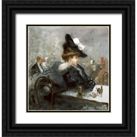 Elegant Lady In Black In a Caf?? Black Ornate Wood Framed Art Print with Double Matting by Mariani, Pompeo