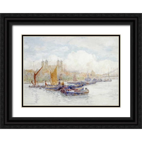 The Tower of London From The Thames Black Ornate Wood Framed Art Print with Double Matting by Marshall, Herbert Menzies