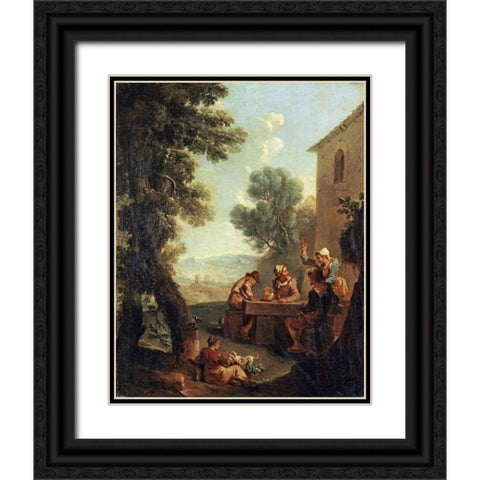 Peasants Drinking By a Farmhouse Black Ornate Wood Framed Art Print with Double Matting by Monaldi, Paolo