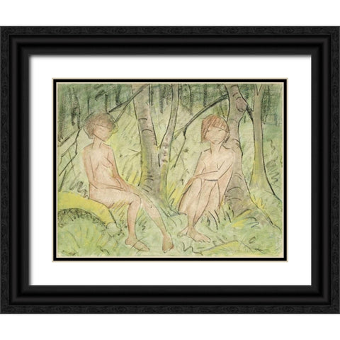 Two Women In The Forest Black Ornate Wood Framed Art Print with Double Matting by Mueller, Otto