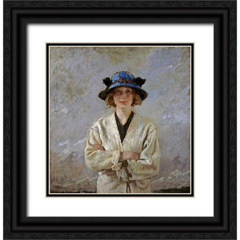 Girl In a Blue Hat Black Ornate Wood Framed Art Print with Double Matting by Orpen, Sir William