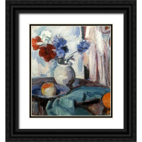 Mixed Carnations and Cornflowers Black Ornate Wood Framed Art Print with Double Matting by Peploe, Samuel John
