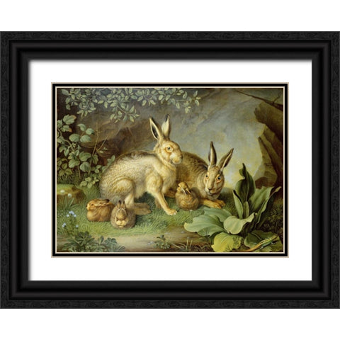 Hares and Leverets In a Rocky Lair Black Ornate Wood Framed Art Print with Double Matting by Peter, Johann Wenzel