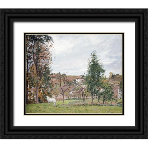 Landscape With a White Horse Black Ornate Wood Framed Art Print with Double Matting by Pissarro, Camille