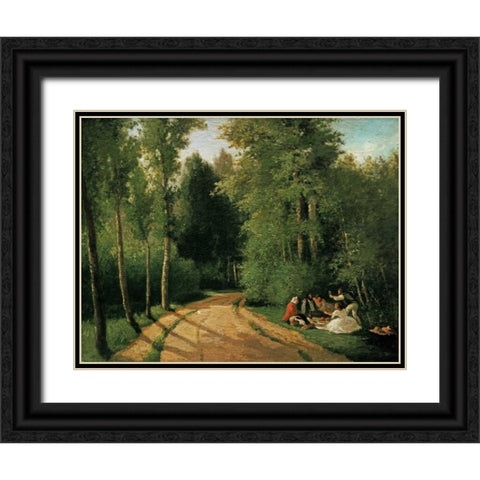 A Picnic at Montmorency Black Ornate Wood Framed Art Print with Double Matting by Pissarro, Camille