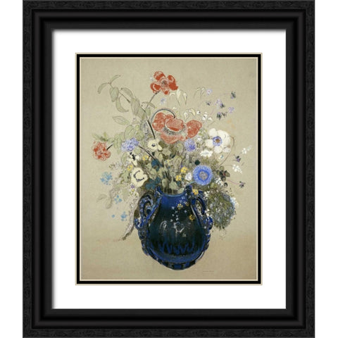 A Vase OF Blue Flowers Black Ornate Wood Framed Art Print with Double Matting by Redon, Odilion