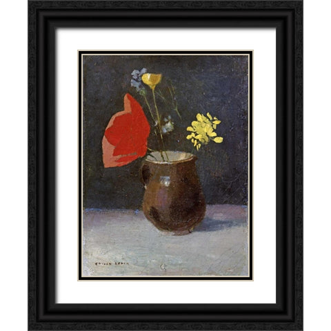 A Pitcher of Flowers Black Ornate Wood Framed Art Print with Double Matting by Redon, Odilion