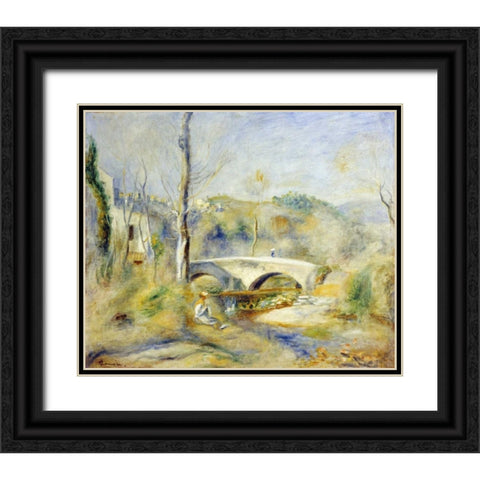 Landscape With Bridge Black Ornate Wood Framed Art Print with Double Matting by Renoir, Pierre-Auguste