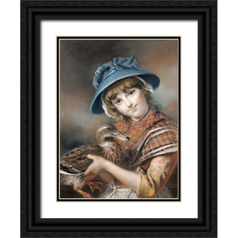 A Market Girl Holding a Mallard Duck Black Ornate Wood Framed Art Print with Double Matting by Russell, John