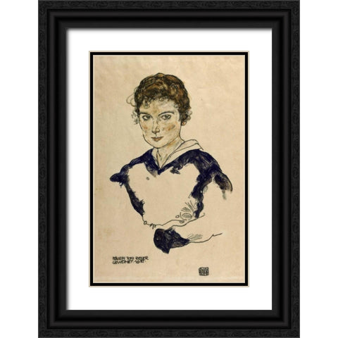 Portrait Fraulein Toni Rieger Black Ornate Wood Framed Art Print with Double Matting by Schiele, Egon