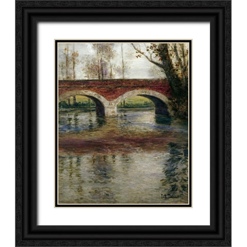 A River Landscape With a Bridge Black Ornate Wood Framed Art Print with Double Matting by Thaulow, Fritz