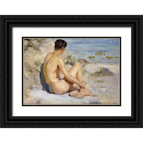 Boy On a Beach Black Ornate Wood Framed Art Print with Double Matting by Tuke, Henry Scott
