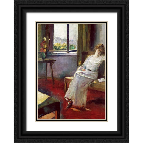 Seated Woman With a Book Black Ornate Wood Framed Art Print with Double Matting by Ury, Lesser