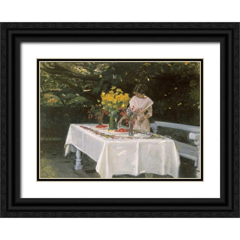 Preparing The Table Black Ornate Wood Framed Art Print with Double Matting by Ancher, Michael
