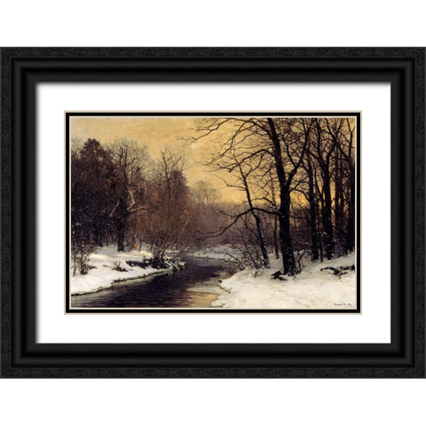 A Winter River Landscape Black Ornate Wood Framed Art Print with Double Matting by Anderson-Lundby, Anders