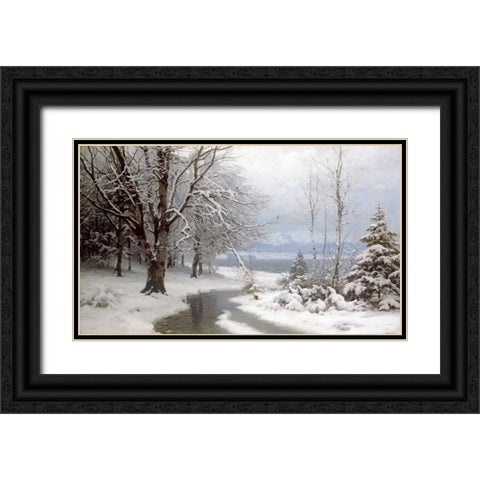 A Wooded Winter Landscape Black Ornate Wood Framed Art Print with Double Matting by Anderson-Lundby, Anders