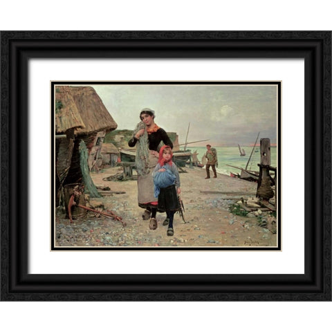 Fisherfolk Returning With Their Nets Black Ornate Wood Framed Art Print with Double Matting by Bacon, Henry