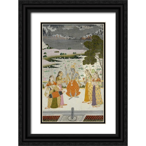 Krishna With The Gopis Black Ornate Wood Framed Art Print with Double Matting by Bikaner, Ustad Murad
