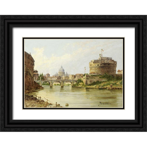 The Tiber With The Castel SantAngelo and St.Peters, Rome Black Ornate Wood Framed Art Print with Double Matting by Brandeis, Antonietta