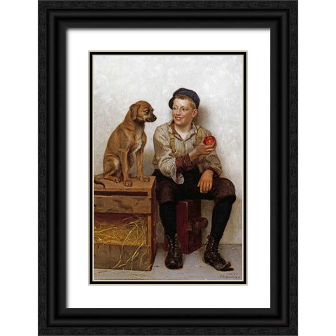 Teasing The Pup Black Ornate Wood Framed Art Print with Double Matting by Brown, John George