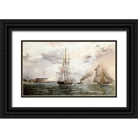 New York Bay - Castle Clinton Black Ornate Wood Framed Art Print with Double Matting by Buttersworth, James E.
