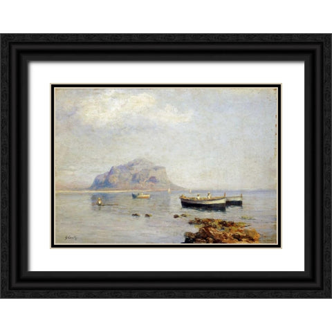 A Calm With Fishing Boats In The Bay of Naples Black Ornate Wood Framed Art Print with Double Matting by Carelli, Giuseppe