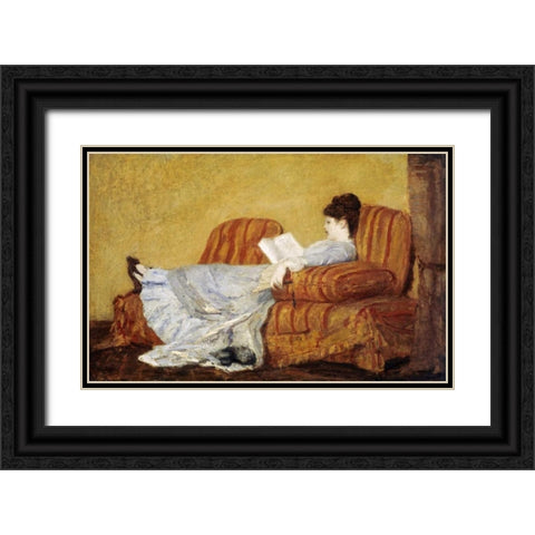 Young Lady Reading Black Ornate Wood Framed Art Print with Double Matting by Cassatt, Mary
