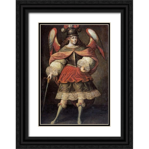 Archangel Miguel Black Ornate Wood Framed Art Print with Double Matting by Cuzco School