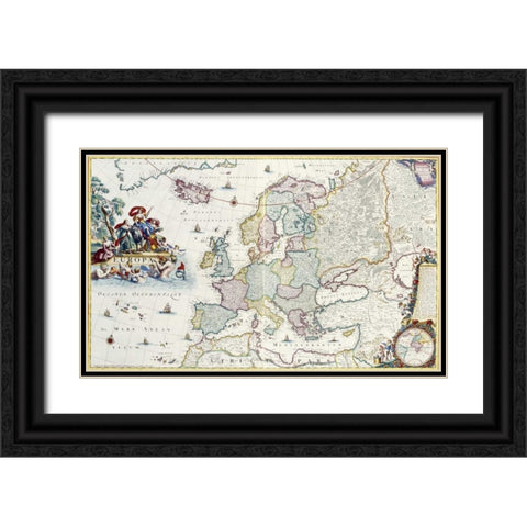 Map of Europe Black Ornate Wood Framed Art Print with Double Matting by Danckerts, Cornelis
