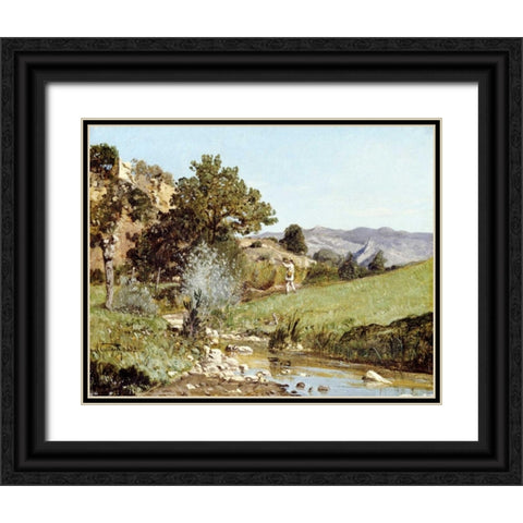A Hunter In a Landscape Black Ornate Wood Framed Art Print with Double Matting by Guigou, Paul