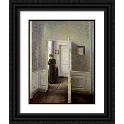 An Interior With a Woman Black Ornate Wood Framed Art Print with Double Matting by Hammershoi, Vilhelm