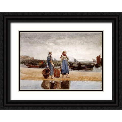 Two Girls on The Beach, Tynemouth Black Ornate Wood Framed Art Print with Double Matting by Homer, Winslow