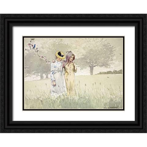 Girls Strolling In An Orchard Black Ornate Wood Framed Art Print with Double Matting by Homer, Winslow