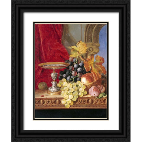 Grapes and a Peach Black Ornate Wood Framed Art Print with Double Matting by Ladell, Edward