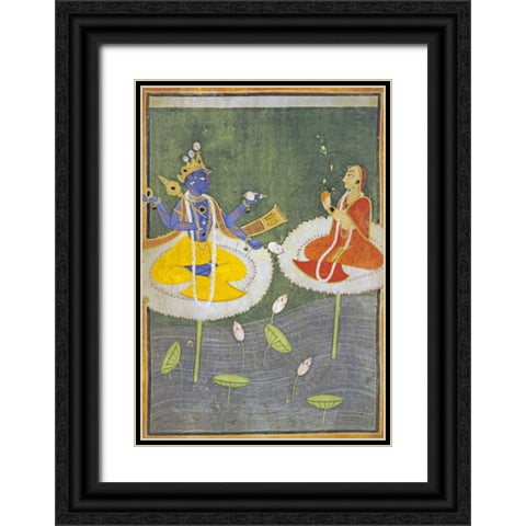Krishna and Tadha Enthroned Black Ornate Wood Framed Art Print with Double Matting by Mankot