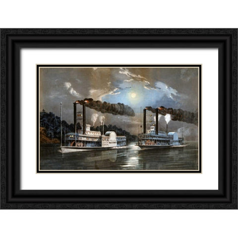 A Midnight Race on The Mississippi Black Ornate Wood Framed Art Print with Double Matting by Manning, D.