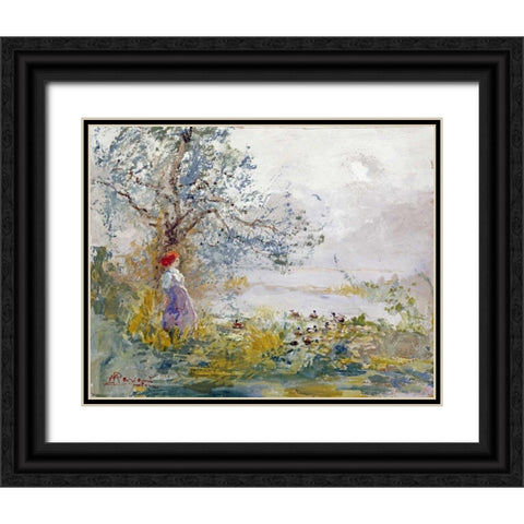 A Peasant Girl and Ducks Black Ornate Wood Framed Art Print with Double Matting by Mariani, Pompeo