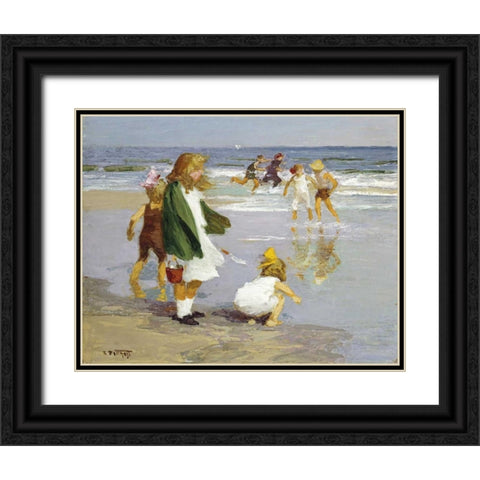 Play In The Surf Black Ornate Wood Framed Art Print with Double Matting by Potthast, Edward Henry