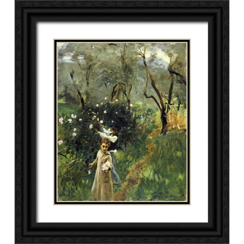 Gathering Flowers at Twilight Black Ornate Wood Framed Art Print with Double Matting by Sargent, John Singer