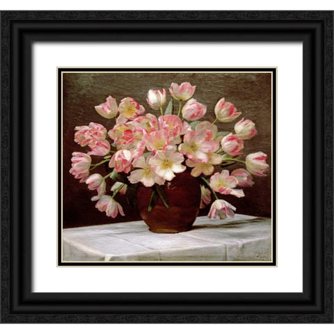 Tulips In a Vase on a Draped Table Black Ornate Wood Framed Art Print with Double Matting by Schou, Peter Johan