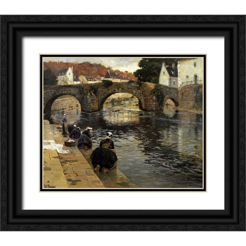 Washerwomen In The Morning at Quimperle Black Ornate Wood Framed Art Print with Double Matting by Thaulow, Fritz